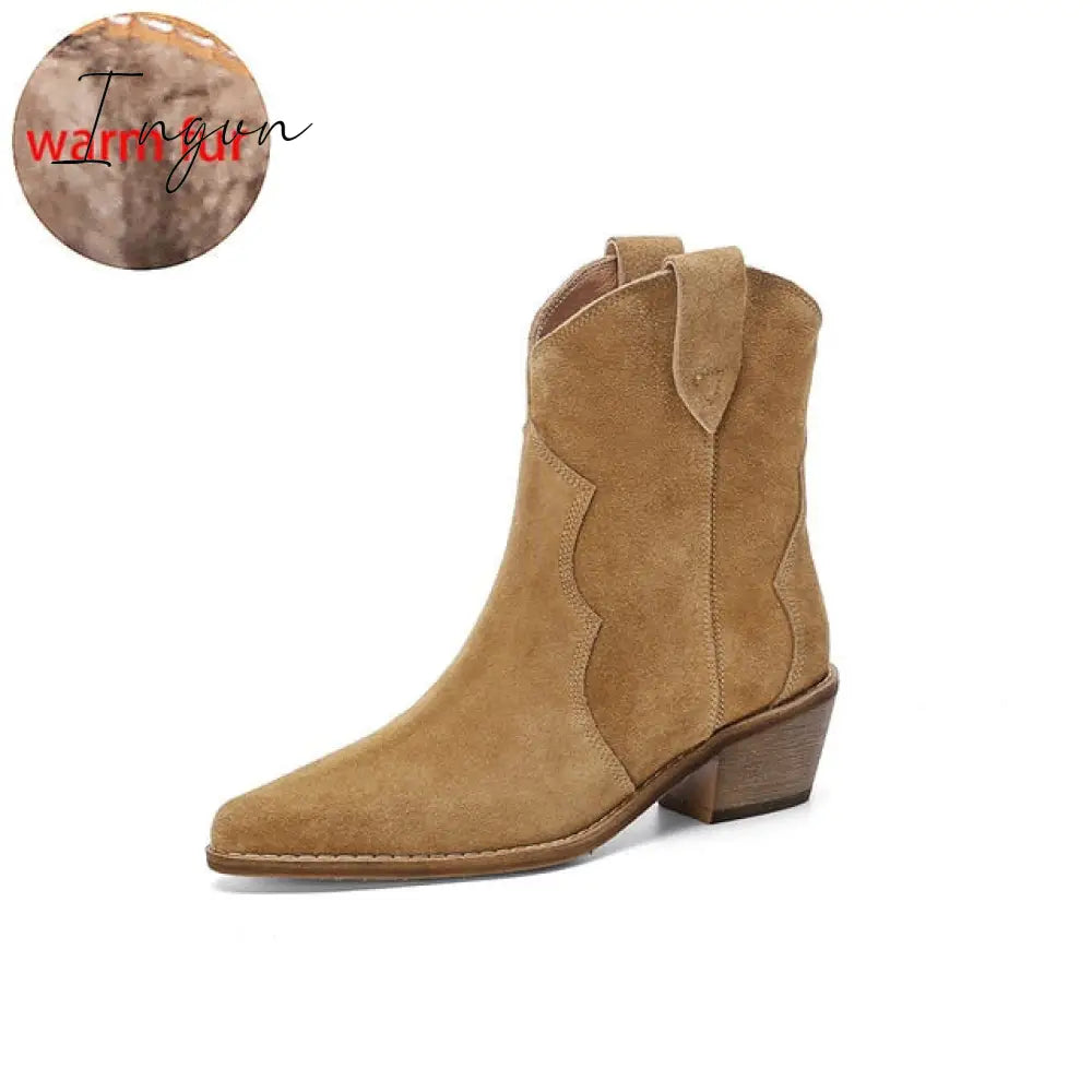 Ingvn - Winter Classic Chelsea Boots for Woman Cow Suede Pointy toe Wedge Heel Ankle Boots Simple Comfortable Cowboy Boots Female