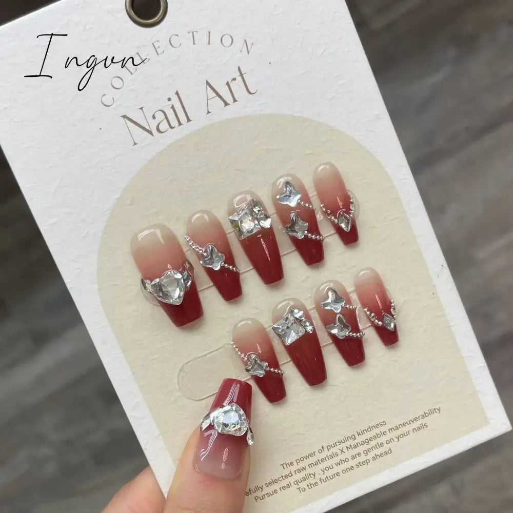 Bow Ice Translucent Sense Handmade Wearable Fake Nail Gradient AB Asymmetric Almond False Nails Trim Nail Shape Nail Decoration