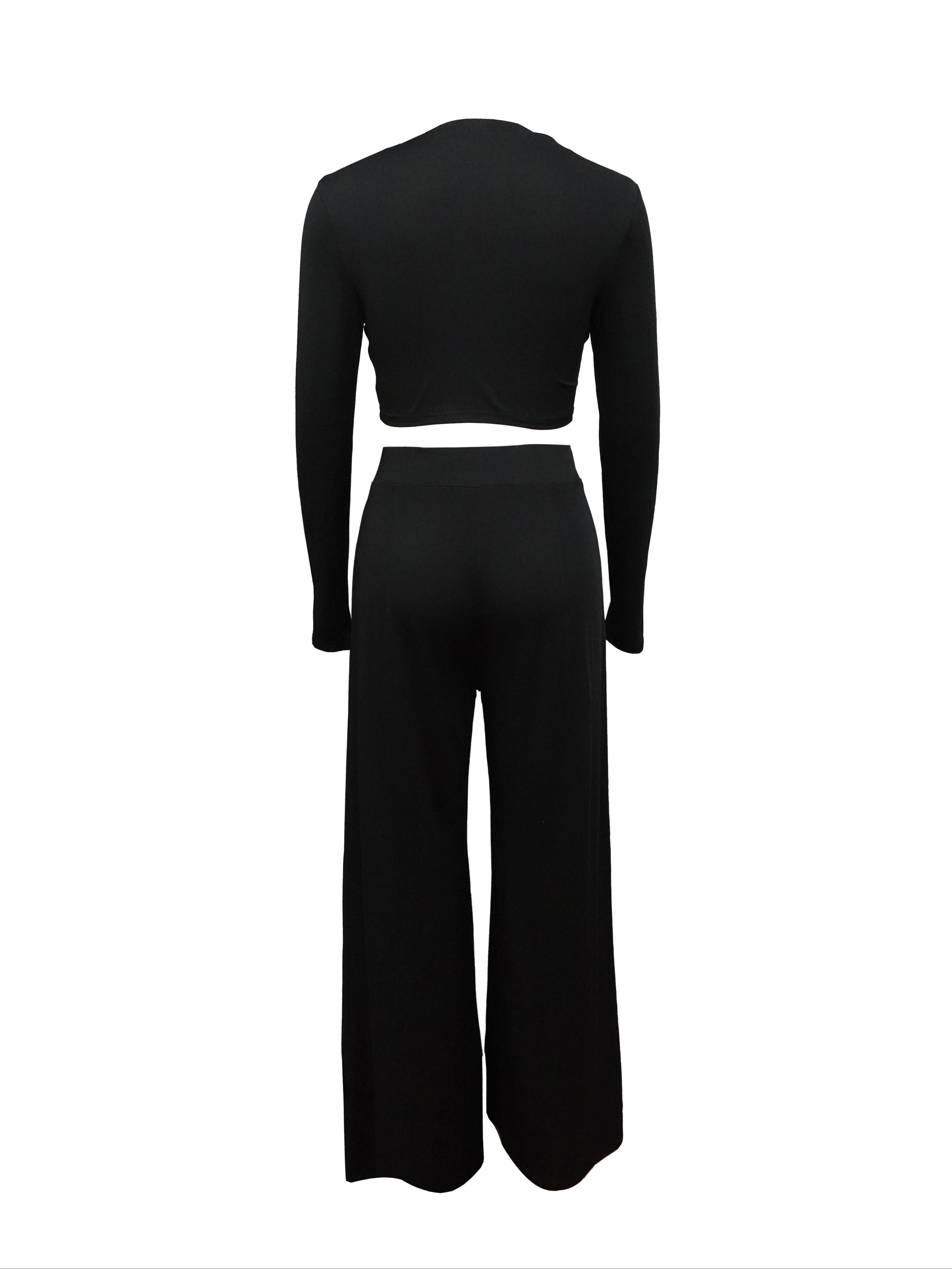 Two-piece Long Sleeve & Long Length Solid Casual Crew Neck Outfits, Women's Clothing Set
