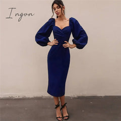 Ingvn - Midi Night Dress Women Long Puff Sleeve A-LINE Ruffled Backless Bodycon Sexy Dress Autumn Winter Elegant Office Lady Prom