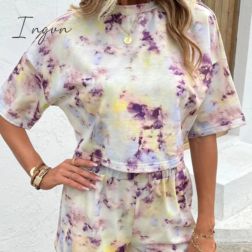 Ingvn - Tie Dye Round Neck Dropped Shoulder Tie Dye Top and Shorts Set