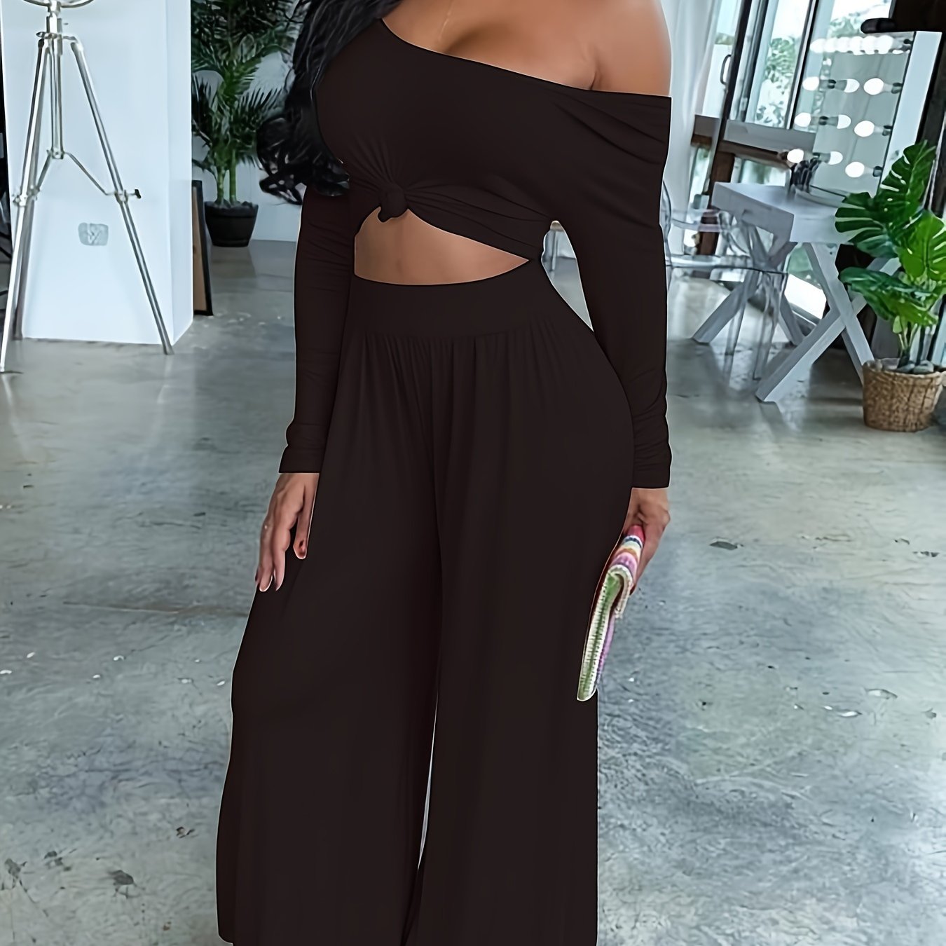 Long Sleeve Two-piece Set, Casual Solid Crop Top & Wide Leg Pants Outfits, Women's Clothing