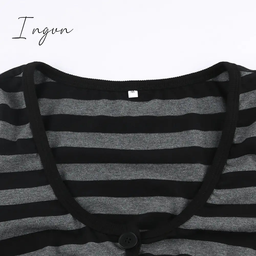 Ingvn - Y2K Striped Crop Top Button Knitted Full Sleeve T Shirt V Neck Vintage Grunge Tee Autumn Winter Women Harajuku Outfits