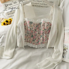 Ingvn - Sets Women 2 Piece Outfit Elegant Stylish Tender Newest Prevalent Simple Floral Vintage French Style Girls Cute Romantic Ulzzang