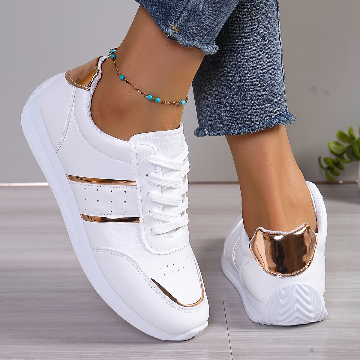 Women's Fashion Sneakers - Breathable, Lightweight Casual Shoes with Lace-Up Design for All Seasons, Elegant Street Style in White, for Spring
