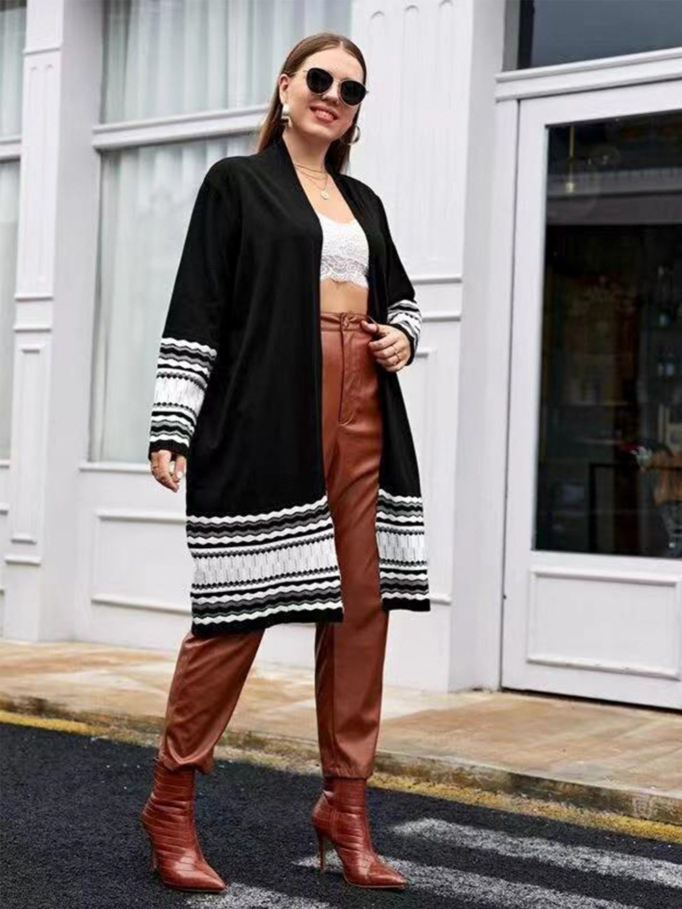 Women's Plus Size Long Casual Colorblock Knit High Stretch Sweater Cardigan