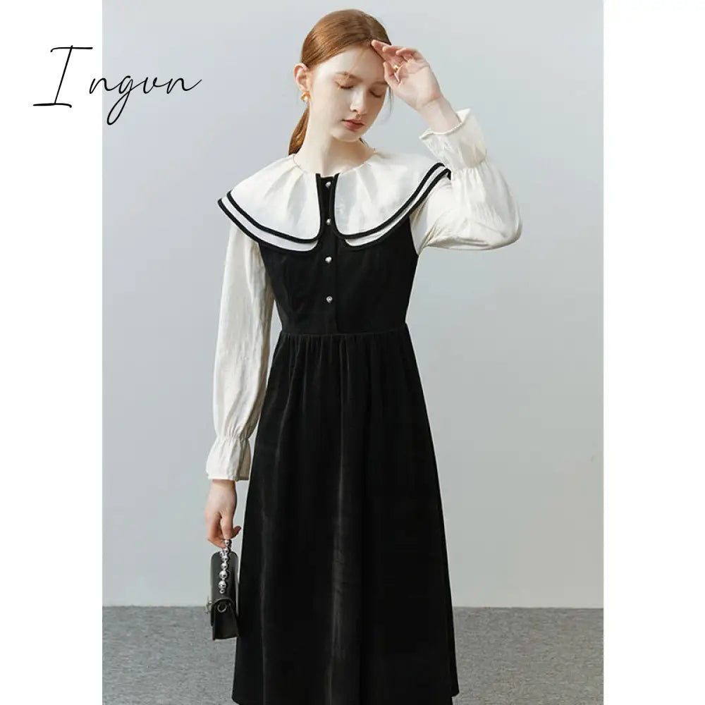 Ingvn - Elegant Women Dress Vintage Long Sleeve Black Y2K New Korean Fashion Casual Office Ladies High Quality Autumn Midi Female Dress
