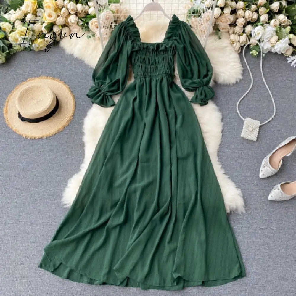 Ingvn - Summer Beach Chiffon Long Dress Elegant Solid Lantern Sleeve High Waist Women Maxi Dress Party Club Ladies Vestidos New