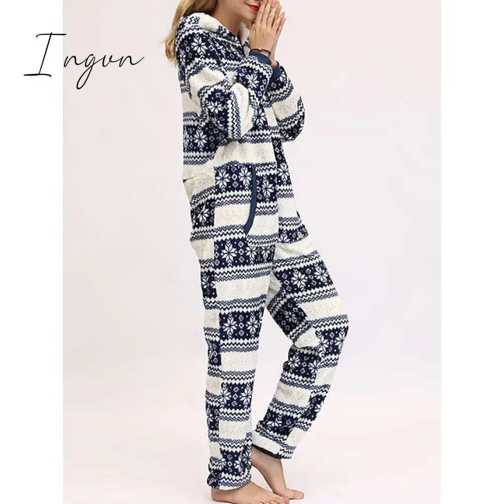 Ingvn - Women's Pajamas Jumpsuit Elk Snowflake Warm Fashion Casual Home Christmas Daily Polyester Breathable Hoodie Long Sleeve Pocket Fall Winter Black White