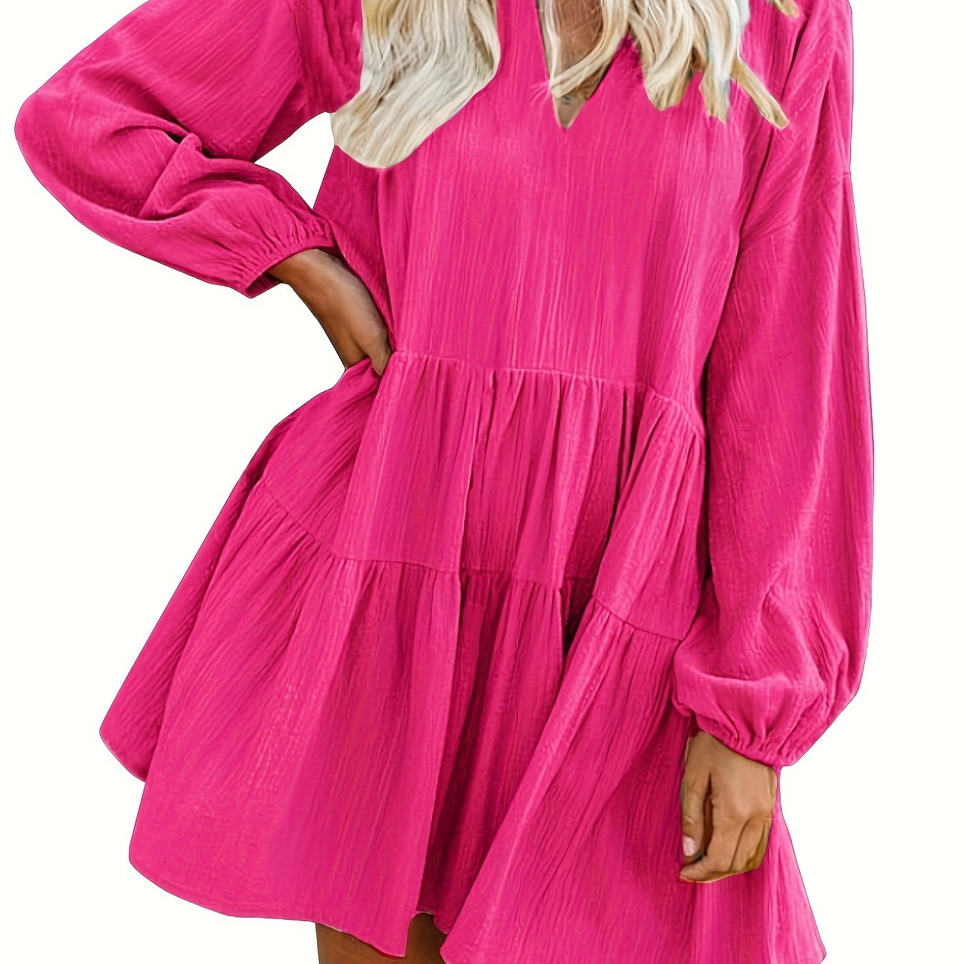 Long Sleeve Solid Color V Neck Loose Babydoll Dress, Casual Ruffle Hem For Spring & Fall, Women's Clothing
