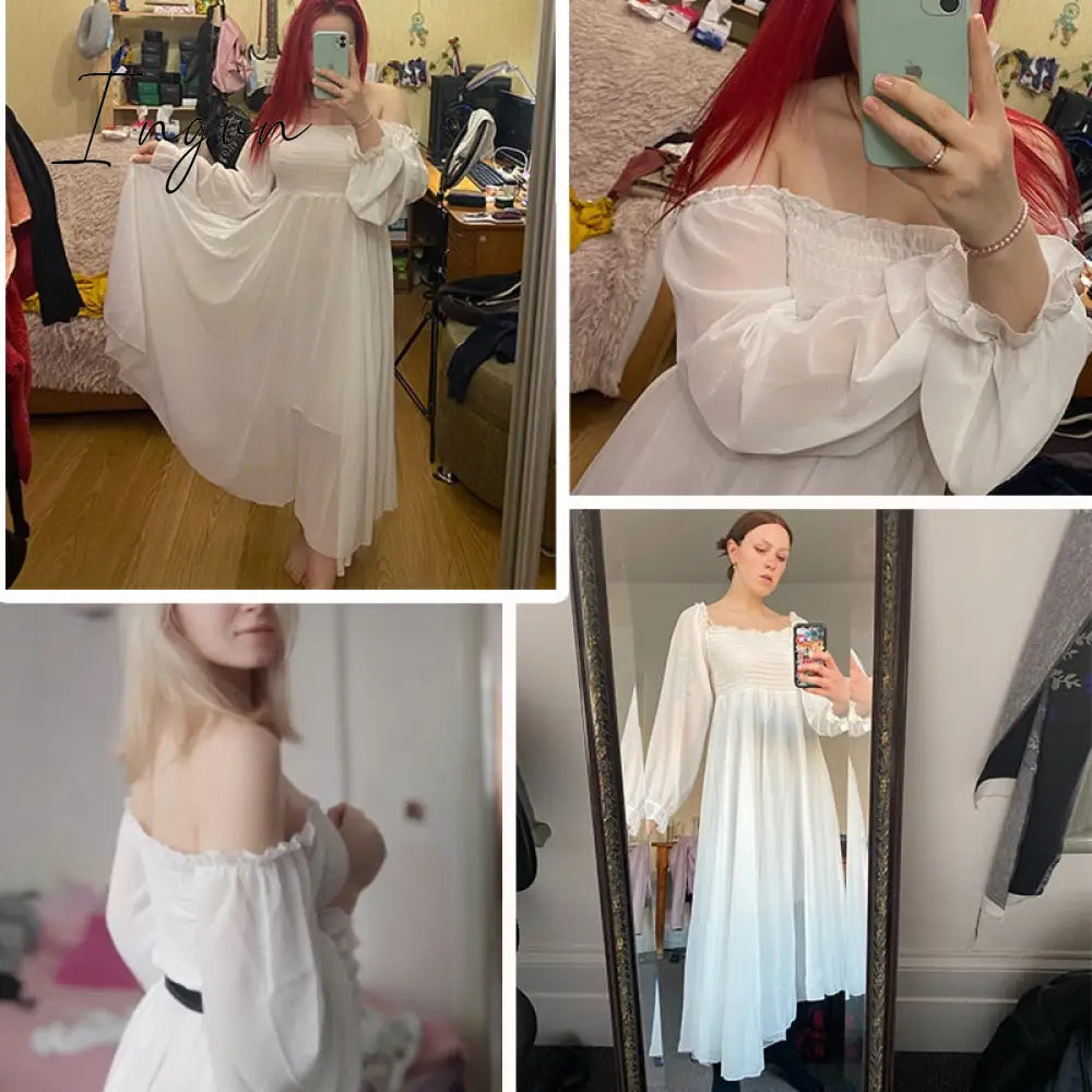 Ingvn - New Spring Autumn Dresses for Women Women Elegant Holiday Dresses Puff Sleeve Slash Neck Off Shoulder Smocked White Chiffon Dresses