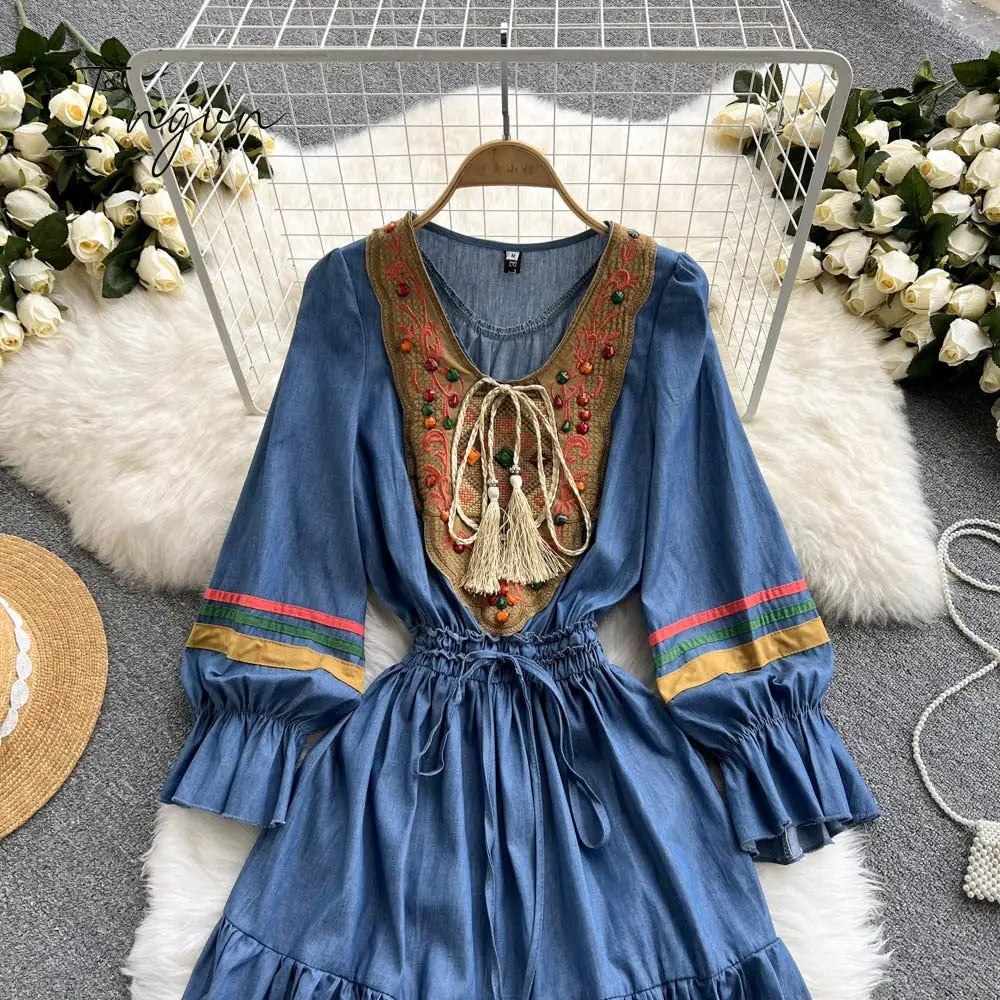 Ingvn - Quality Embroidered Denim Dress 2023 Summer Autumn National Korean Pleated A Line Long Sleeve Cowboy Dress Women Jeans Dress