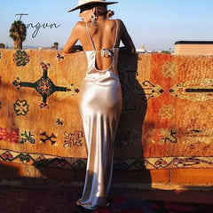 Ingvn - Summer Dresses For Women Sexy Spaghetti Strap Backless Summer Dress Women Satin Lace Up Trumpet Long Dress Elegant Bodycon Party Dresses