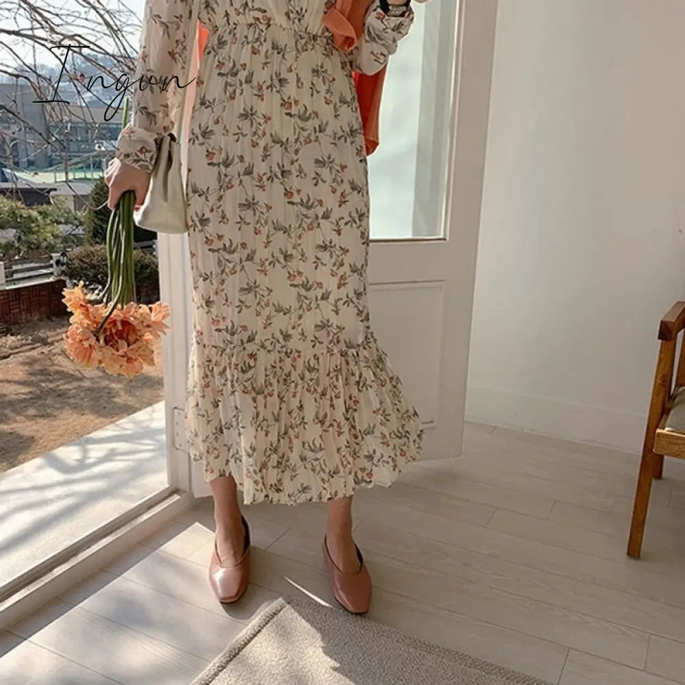 Ingvn - 2023 Fashion Trends Elegant Ruched Floral Print Women Autumn Dress Sexy V-neck Full Sleeve Female Long Dresses Spring Chiffon Vestidos