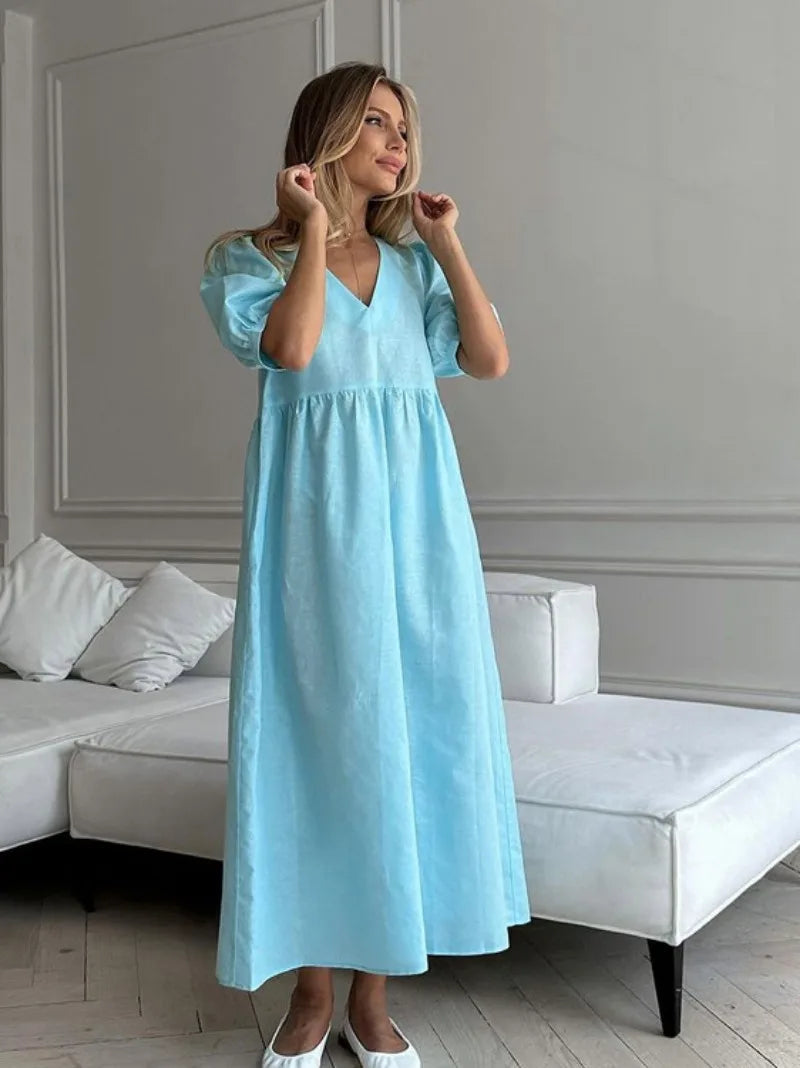 Ingvn  Casual Loose Women V-neck Short Sleeve High Waist Blue Long Dresses  Female Elegant Solid Holiday Party Dress Streetwear