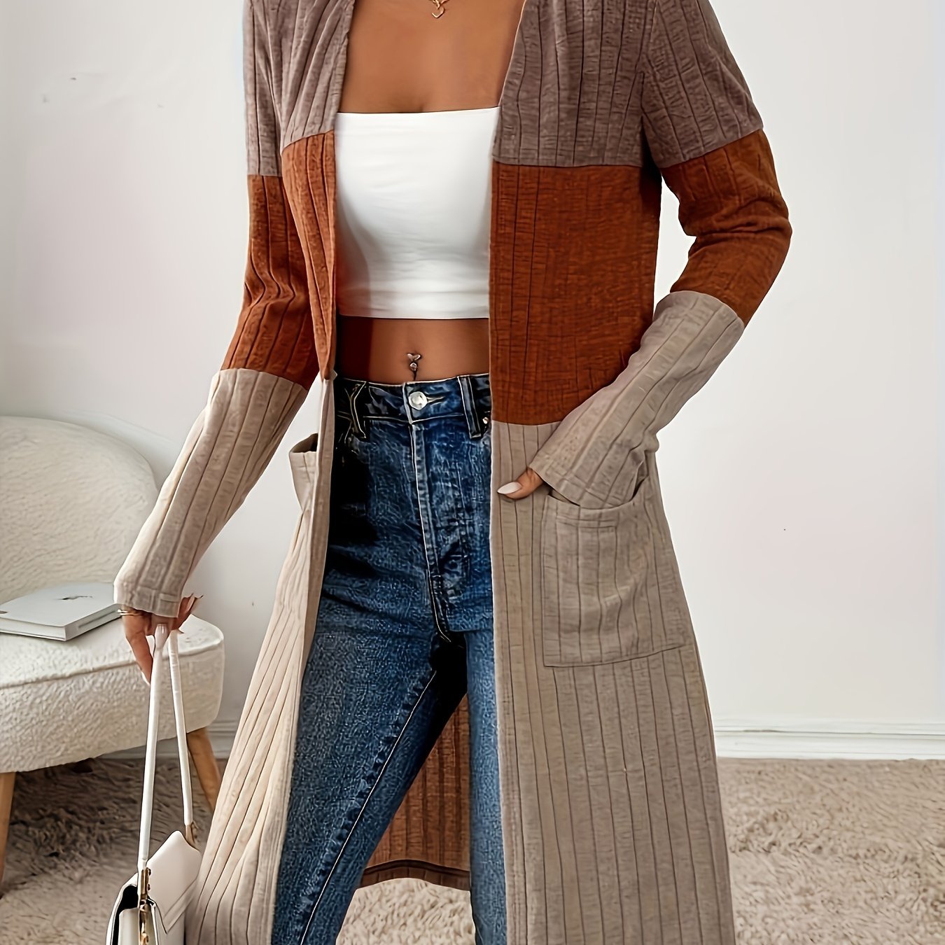 Elegant Women's Color Block Long Sleeve Jacket - Casual Chic, Open Collar with Pockets, Machine Washable - Perfect for Fall