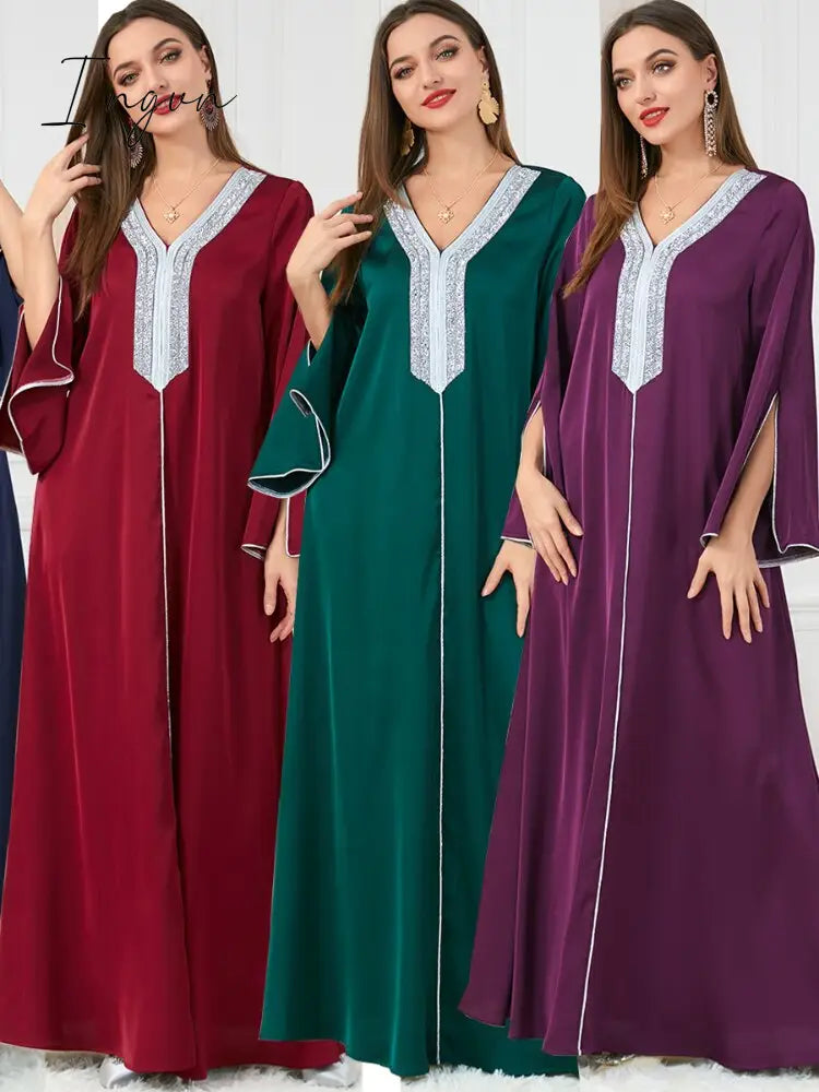 Ingvn - Party Dress Muslim Women Abaya Prayer Caftan V Neck Diamond Maxi Dresses Robe India Abayas Dubai Longue Vestidos Largos