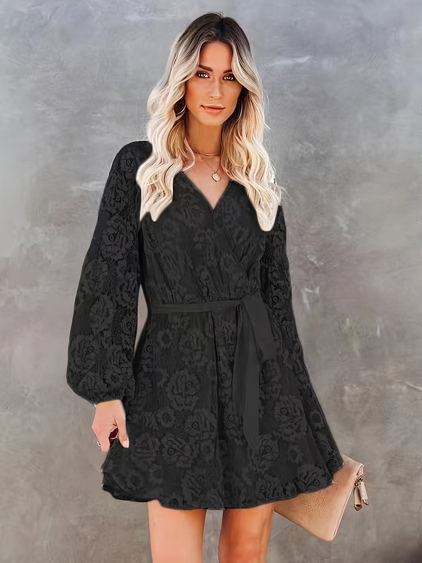 Guipure Lace Surplice Neck Dress, Elegant Lantern Sleeve Tie Waist Dress For Spring & Fall, Women's Clothing