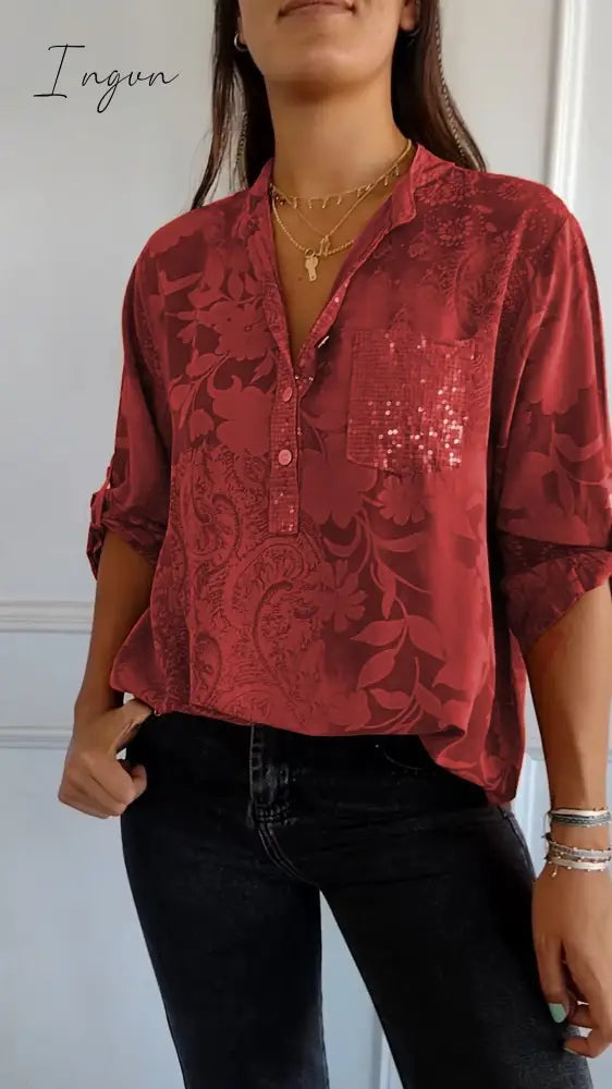 V-neck Half-button Printed Top