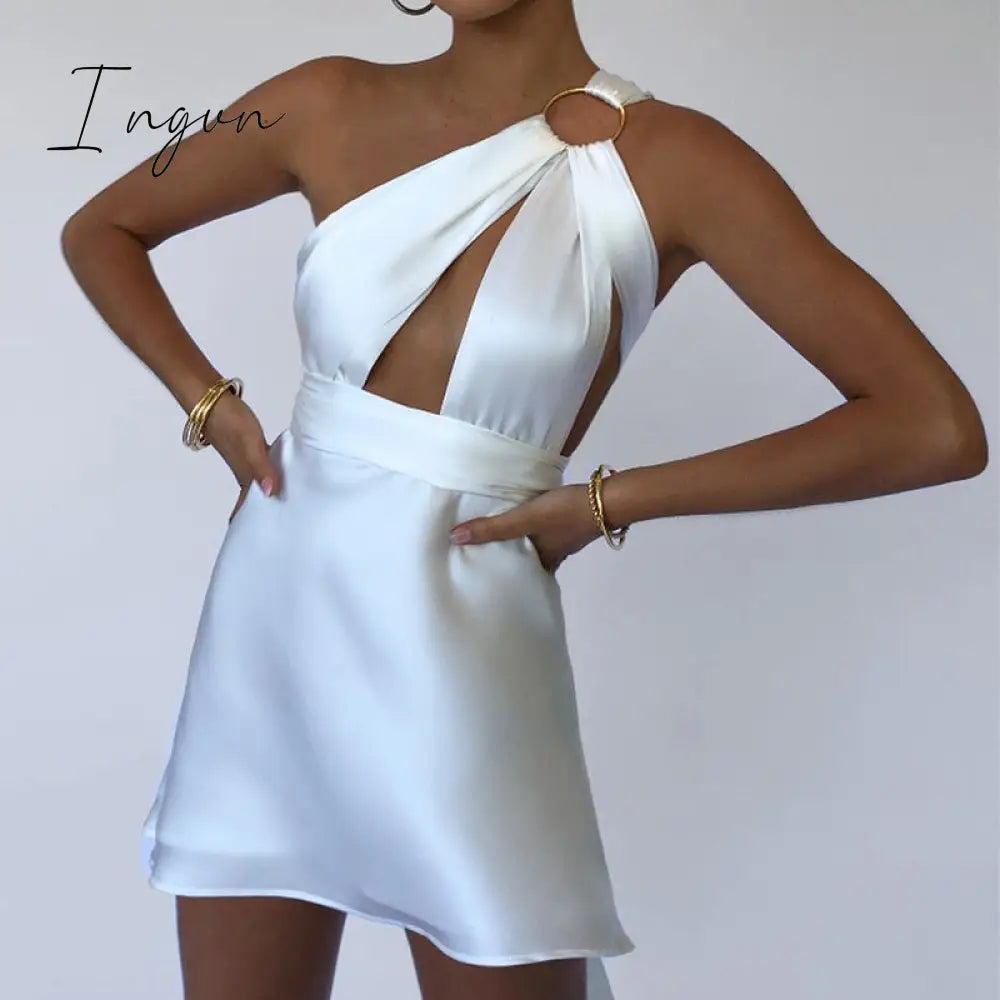 Ingvn - Sexy Hollow Out Bandage Women Dress White Asymmetrical High Waist Mini Dress Women Spring Skinny Fashion Streetwear
