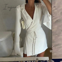 Ingvn - Black Satin V-Neck Shirt Dress Women Autumn Winter Flare Sleeve Lace Up Mini Dresses Elegant Ladies Party Vestidos
