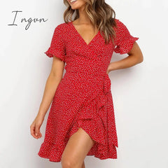 Ingvn - Red Sexy V Neck Floral Print Self Tie Wrap Dress Mini Dress Women Boho Ruffle Hem Flare Sleeve Summer Mini Dresses Vestidos