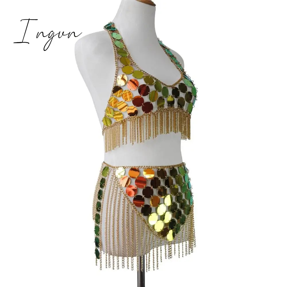 Ingvn - Trends Fashion Gradient Color Shiny Sequins Dots Two Piece Set Low Cut Backless Sleeveless Crop Tops Tassel Mini Skirt Sexy Beach Outfits