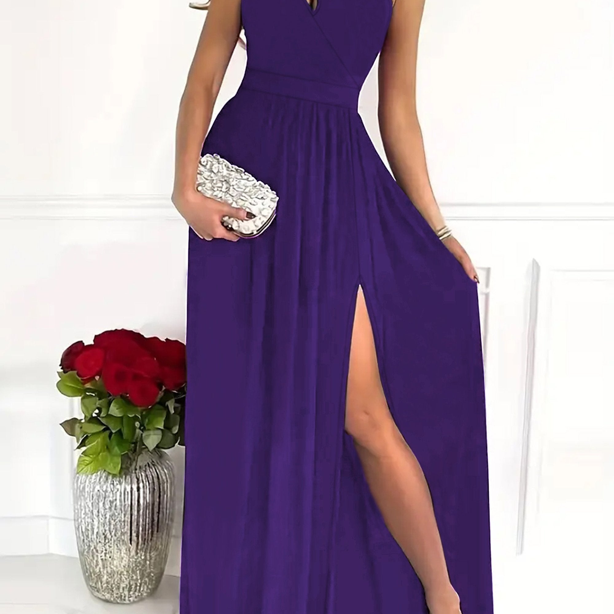 Solid One Shoulder Split Aline Dress, Elegant Ruffle Hem Sleeveless Asymmetrical Dress For Club & Party, Women's Clothing