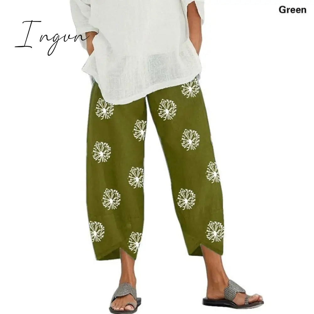 Ingvn - Vintage Harem Pants Women Casual Loose Printed Elastic Waist Cotton Linen Wide Leg Pants Summer Irregular Pantalon Cropped Pants