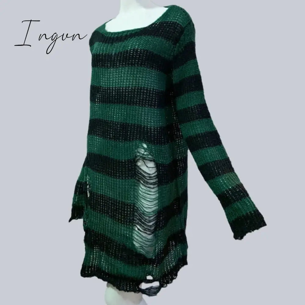 Ingvn - Plus Size Punk Gothic Long Unisex Sweater Dress Cool Hollow Out Hole Broken Jumper Loose Rock Thin Sweter Women Man Striped
