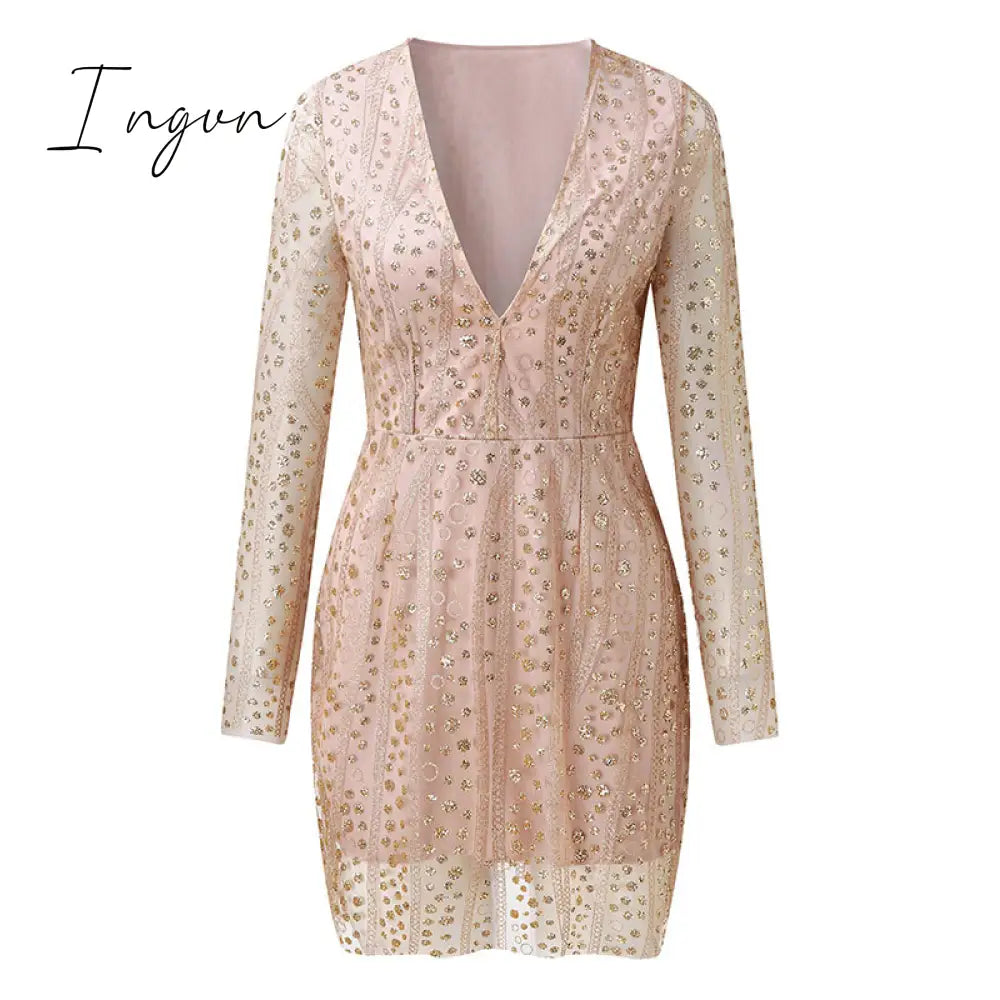 Ingvn - Sequined Mini Dress Deep V Neck Luxury Shiny Long Sleeve Women Sexy Elegant Party Clubwear Evening Bodycon Dress For Women Robe