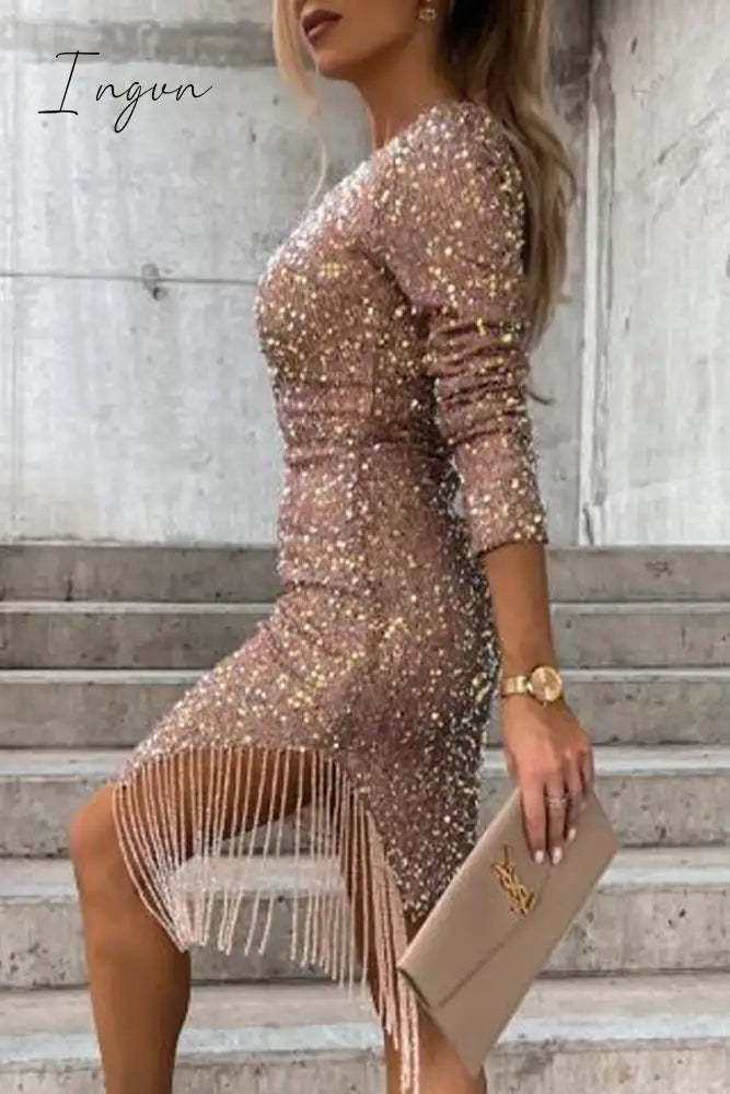 Ingvn - Elegant Solid Tassel V Neck One Step Skirt Dresses
