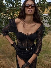 Ingvn - Summer Sexy Party Split Lace Bodycon Woman Maxi Dress Club Square Collar Black Elegant Women's Dresses