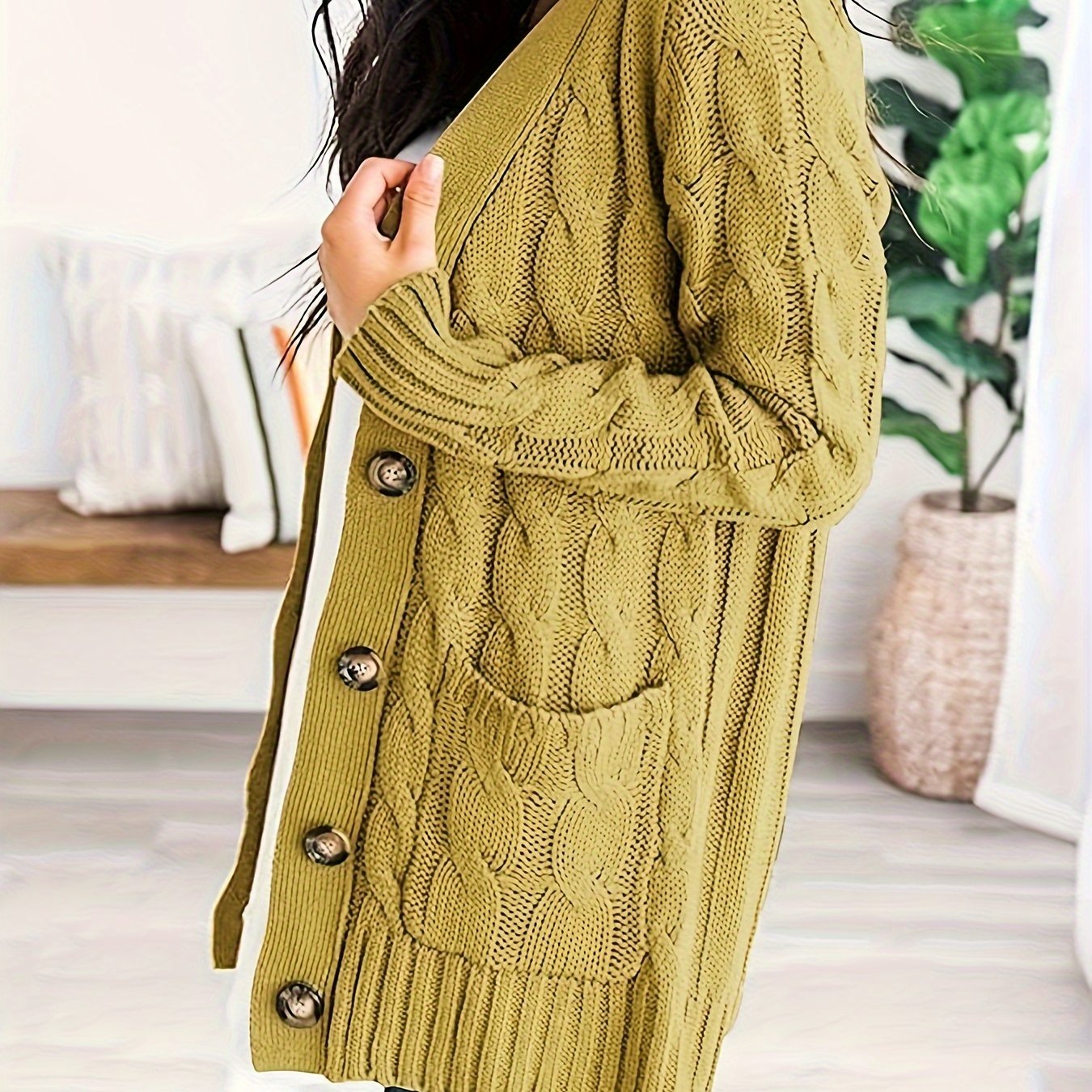 Cable Knit Button Front Cardigan, Casual Solid Long Sleeve Cardigan For Fall & Winter, Women's Clothing