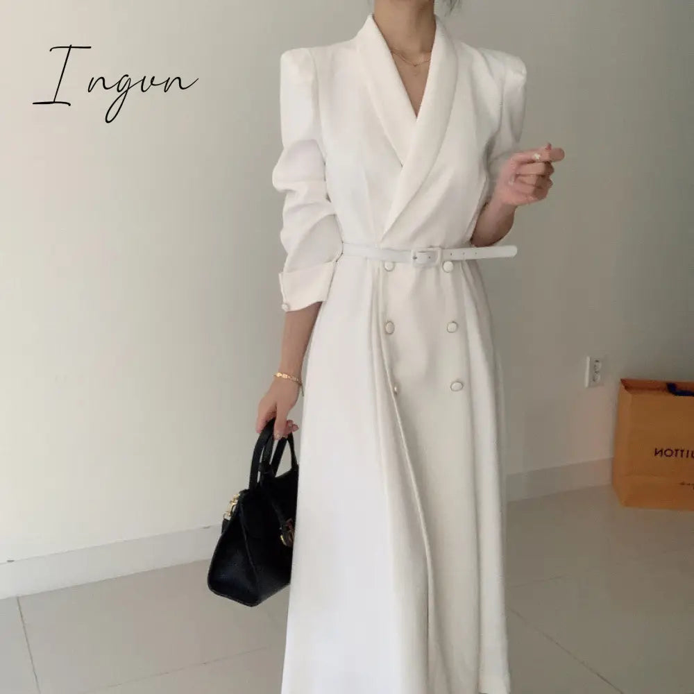 Ingvn - New French Spring Elegant Double Breasted Belted Sashes Women Suit Dress Autumn Office Long Sleeve Slim Waist Female Dress