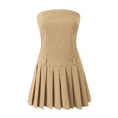 New  Women Sexy Strapless Mini Dress Slim Low Waist Pleated Hem A-line Party Robe