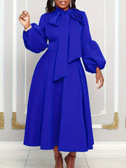 Solid Color Tie Neck Aline Dress, Elegant Ruffle Trim Lantern Sleeve Dress For Spring & Fall, Women's Clothing