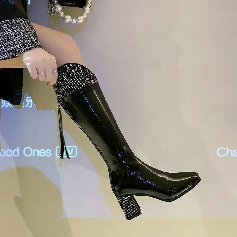 Ingvn  Footwear Long Square Toe Ladies Boots White Shoes for Women Tassel Winter Knee High Shaft Rhinestone Chic and Elegant Hot New In