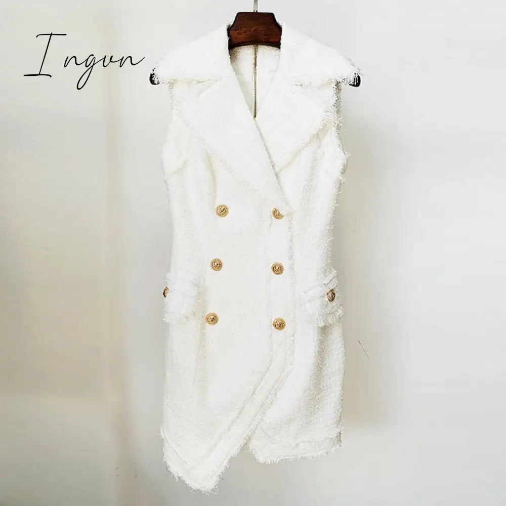 Ingvn - HIGH QUALITY Newest 2023 Fall Winter Designer Fashion Women Sleeveless Fringed Tweed Notched Lapel Asymmetrical Dress