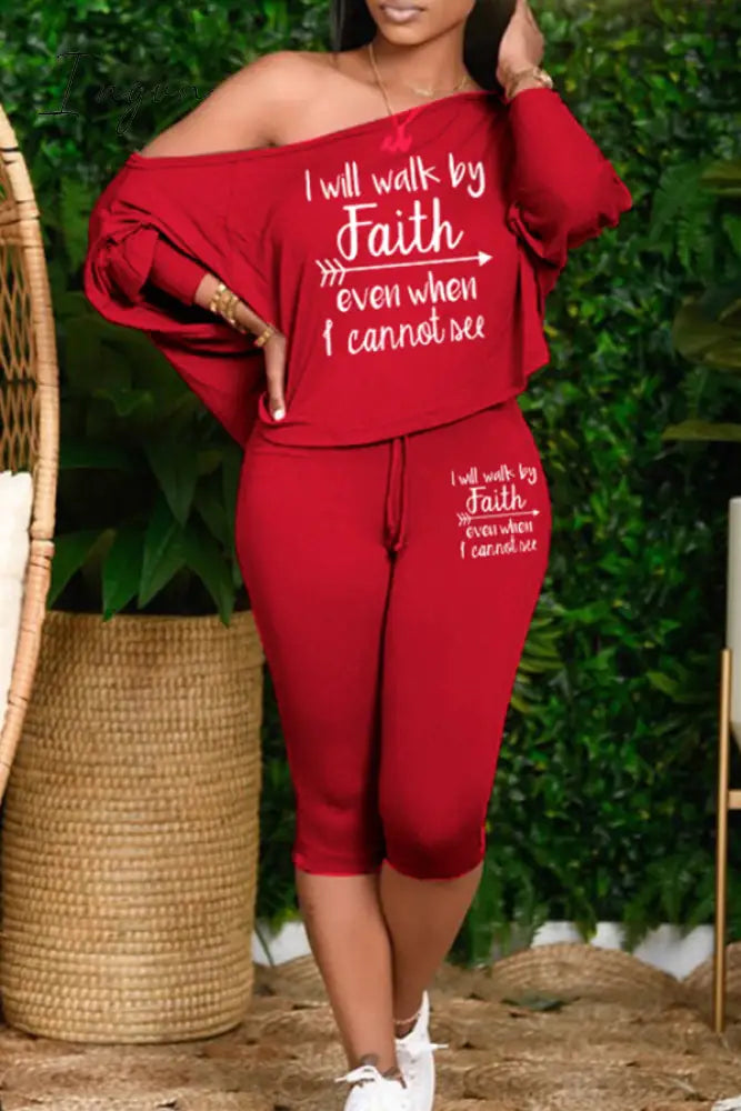 Ingvn - Pink Plus Size Casual Letter Patchwork Draw String Printing One Shoulder Plus Size Two Pieces