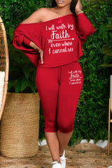 Ingvn - Pink Plus Size Casual Letter Patchwork Draw String Printing One Shoulder Plus Size Two Pieces
