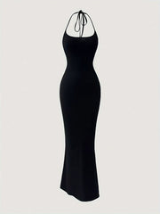 Solid Color Halter Neck Mermaid Dress - Sexy Backless Slim Fit, Flattering Ruffles, Flowy Hem, Perfect for Spring & Summer, Women's Stylish Clothing for Outdoor Events