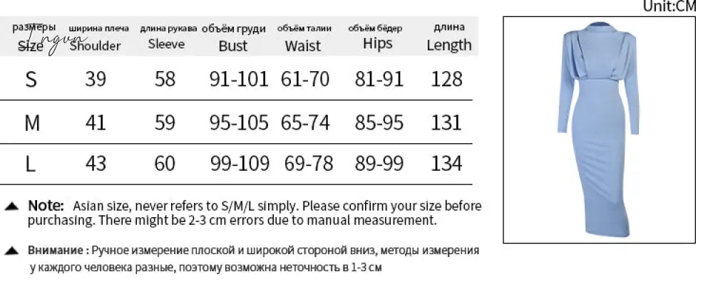 Ingvn - Elegant Women Dress Stand Collar Slim Waist Solid Blue Ankle Length Autumn Long Sleeve Casual Party Dress Fashion