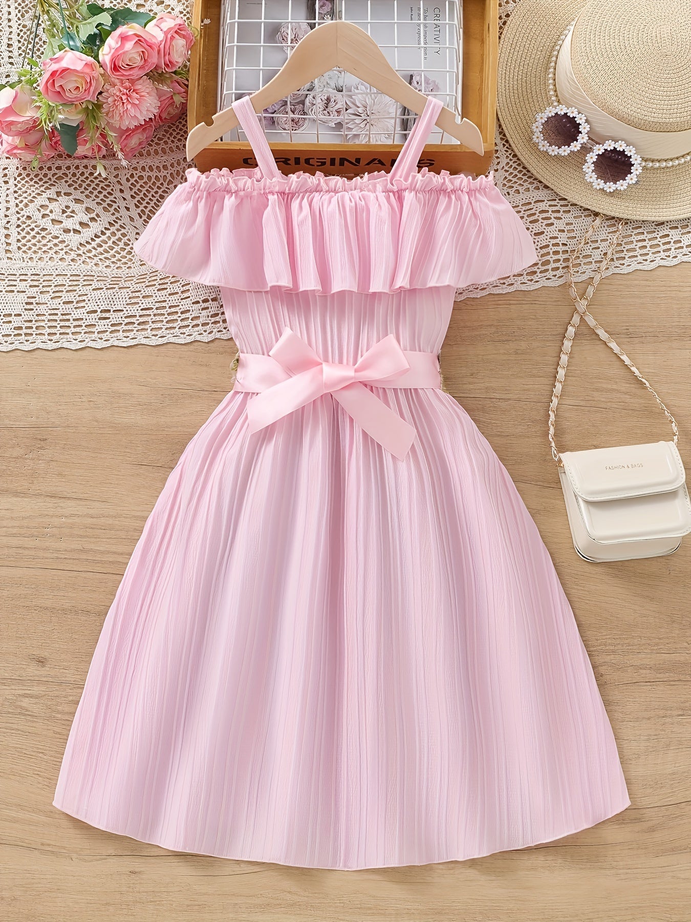 Charming Floral Ruffle Off-Shoulder Suspender Dress - Casual, Elegant, Spring and Summer Essential for Girls - Embroidered Flower Design, Comfortable and Versatile