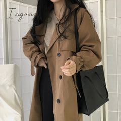 Ingvn - Chic Women Trench Coat Casual Women's Long Outerwear Loose Overcoat Autumn Winter Fashion Double-breasted Windbreaker Femme