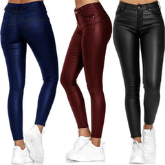 Ingvn - Pure Color Leather Casual Pants Small Feet Pants Spring Women Pu Leather Pants Black Sexy Stretch Bodycon Leather Pants High Red
