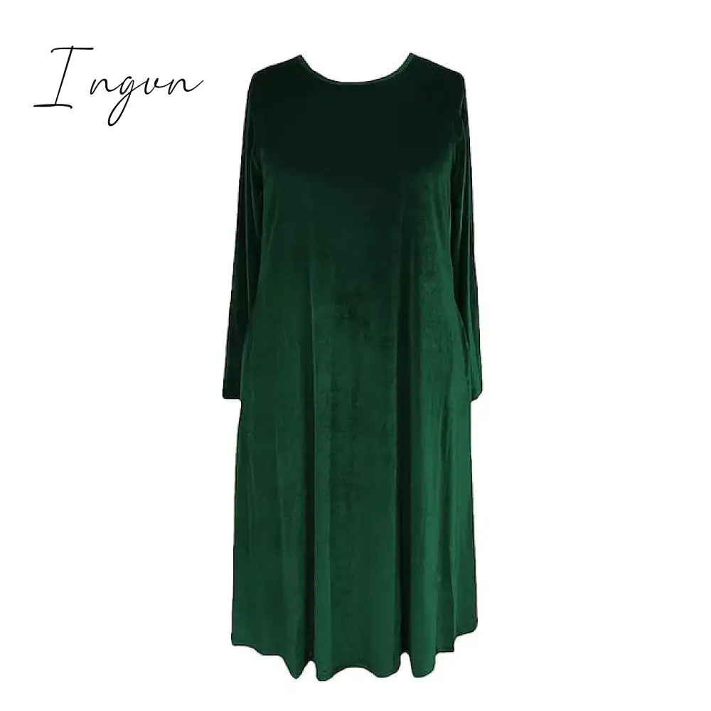 Ingvn - Women‘s Velvet Dress Shift Dress Caftan Dress Long Dress Maxi Dress Green Black Purple Long Sleeve Pure Color Pocket Winter Fall Spring Crew Neck Mature Winter Dress Daily Vacation 2023