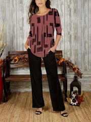 Plus Size Casual Outfits Two Piece Set, Women's Plus Brush Print Long Sleeve Round Neck Top & Pants Outfits 2 Piece Set