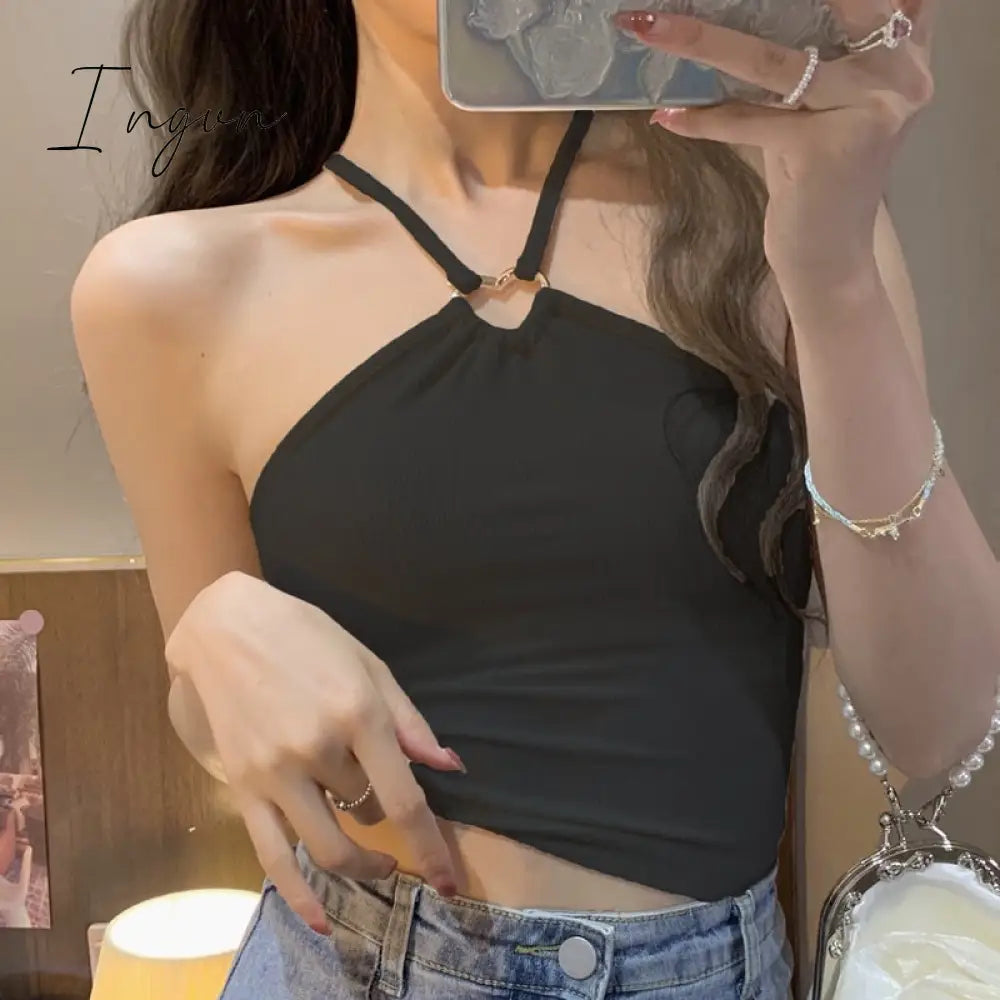Ingvn - Sexy Camis Tank Top for Women Spring 2023 New Sleeveless Neck Mounted Backless Slim Tanks Fashion Solid Casual Crop Top