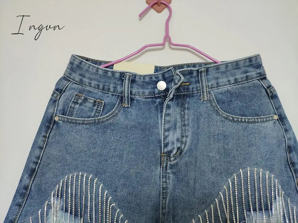 Ingvn - Spring Autumn Fashion Tide Denim Short Women High Street Rhinestone Sequins Hole Tassel Fit Wild Clothing